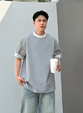 【宽边假两件】重磅320g太空棉短袖男士2025夏季新款宽松t恤高级T