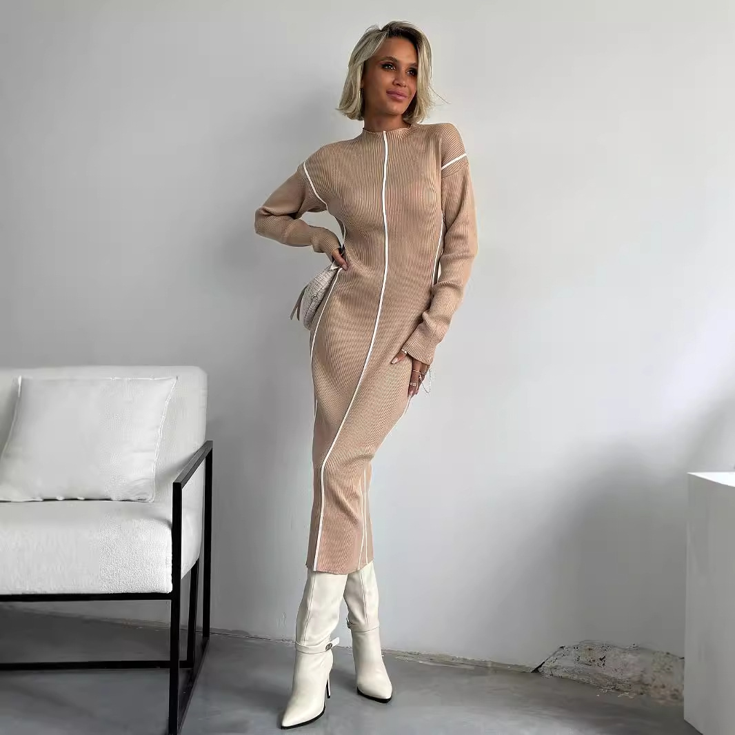 法式半高领条纹撞色拼接修身连衣裙包臀裙Women patchwork dress