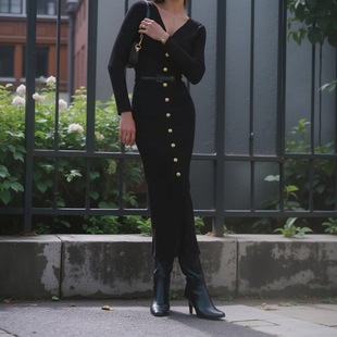 Women Knitted Skirt秋冬长袖针织连衣裙纽扣欧美包臀毛衣开衫裙