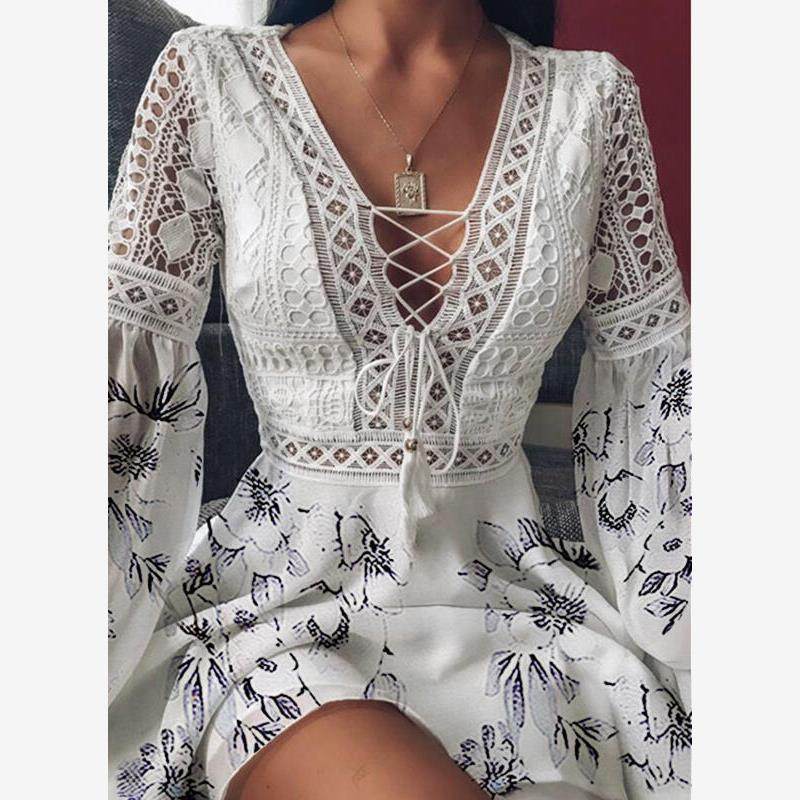 V-neck Chiffon Dress飞飞袖长袖V领绑带镂空连衣裙短款仙女裙 夏