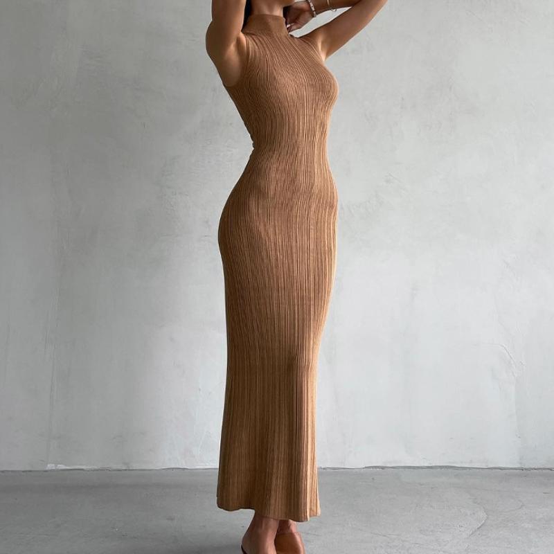 针织高领无袖紧身裙优雅