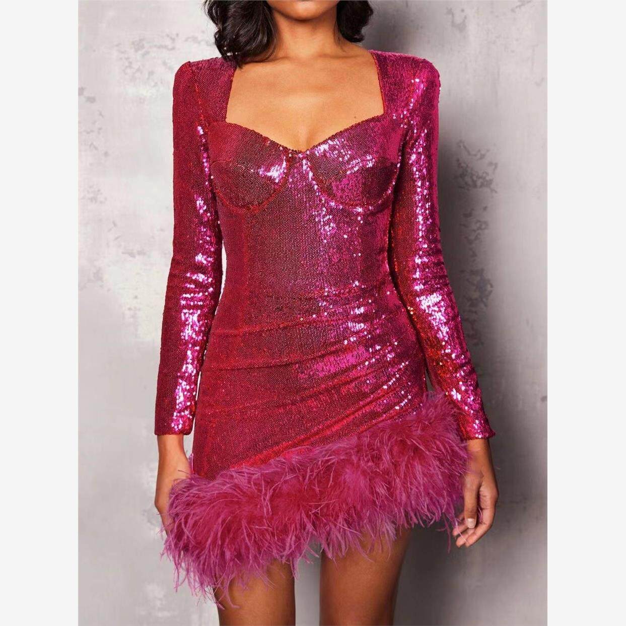 时尚亮片羽毛长袖礼服连衣裙女Long sleeve feather sequin dress