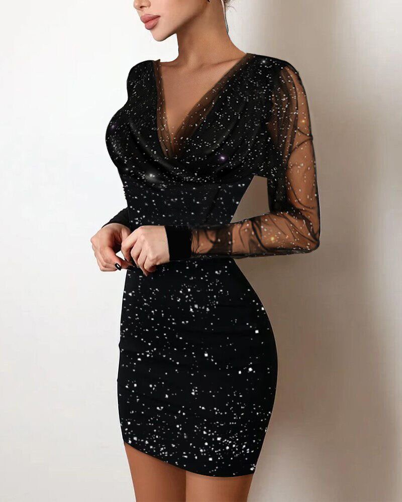 Glitter Sheer Mesh V-Neck Bodycon Dress高腰网纱撒粉紧身裙