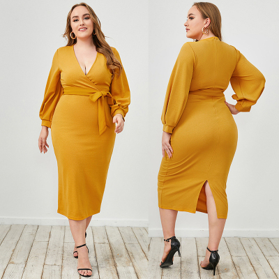 Plus size women autumn casual loose v neck party prom dress