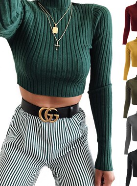 Ribbed Jummers Lady Knitted Pullovers Short Solid Sweaters