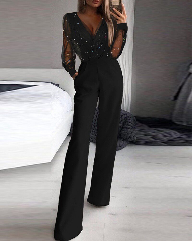 Glitter Contrast Mesh Jumpsuit黑色网纱撒粉拼接连体裤