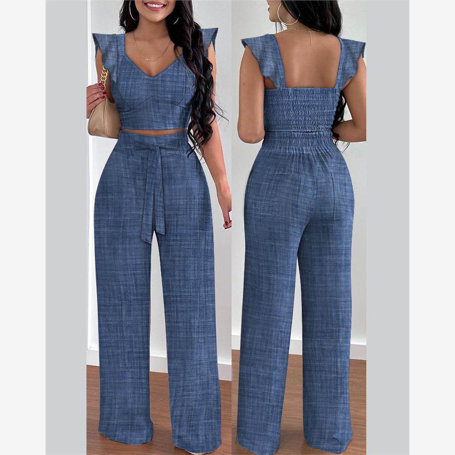 Women ruffle top&pants set欧美时尚休闲荷叶边上衣+长裤两件套