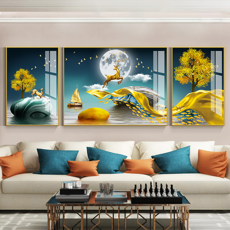 定做北欧轻奢客厅装饰现代简鹿金画挂墙三约联壁画软沙发画背景装图片