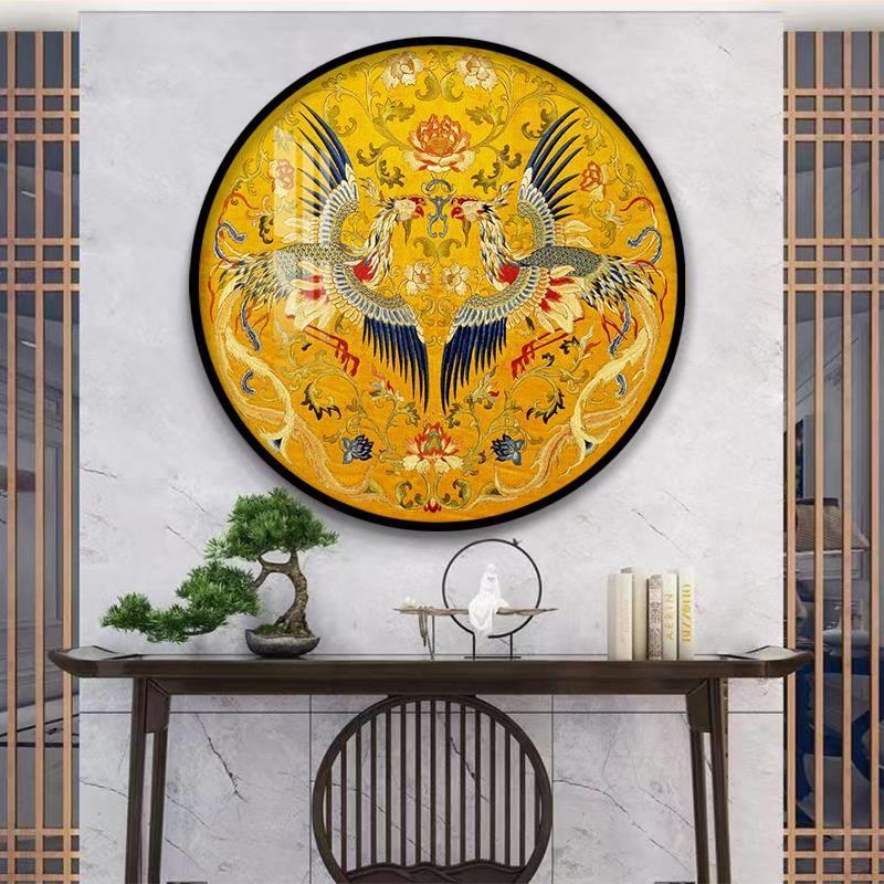 新中式凤凰玄关装饰画圆形孔雀挂画入户客厅沙发背景墙壁画办公室图片