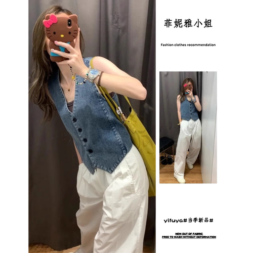 韩版复古蓝色v领牛仔马甲外套
