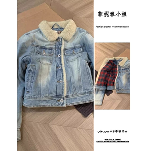 日系复古文艺高材质版宅女羊羔绒夹棉牛仔水洗时尚女棉服夹克外套