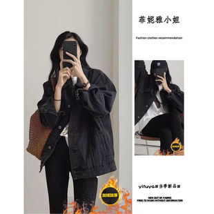 港味复古加绒高材质宽松牛仔外套上衣女时尚百搭简约韩版透气夹克