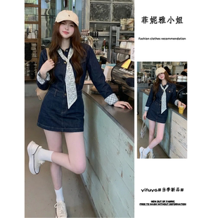 辣妹风气质复古格纹牛仔连衣裙女2026春秋新款温婉大方得体短裙子