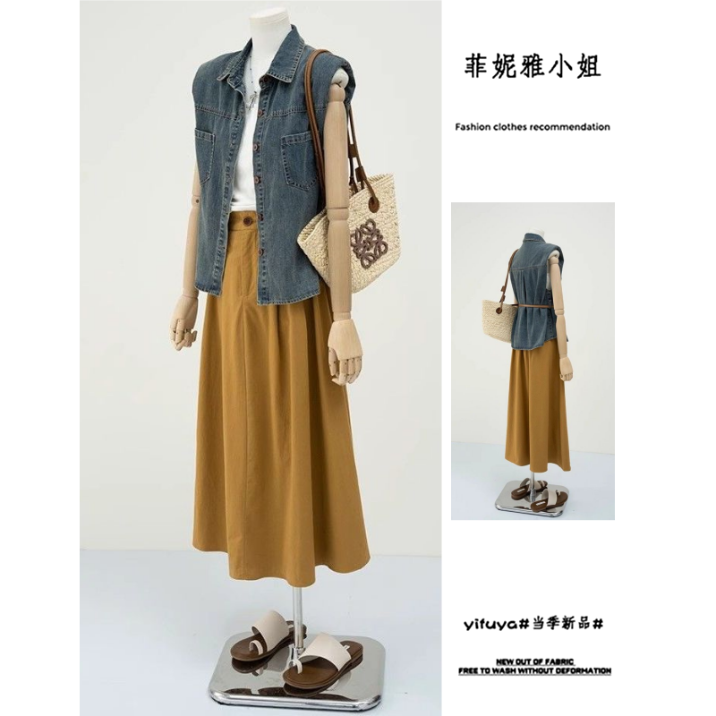 复古时尚马甲套装女夏季新款轻熟风无袖牛仔上衣搭配半身裙两件套