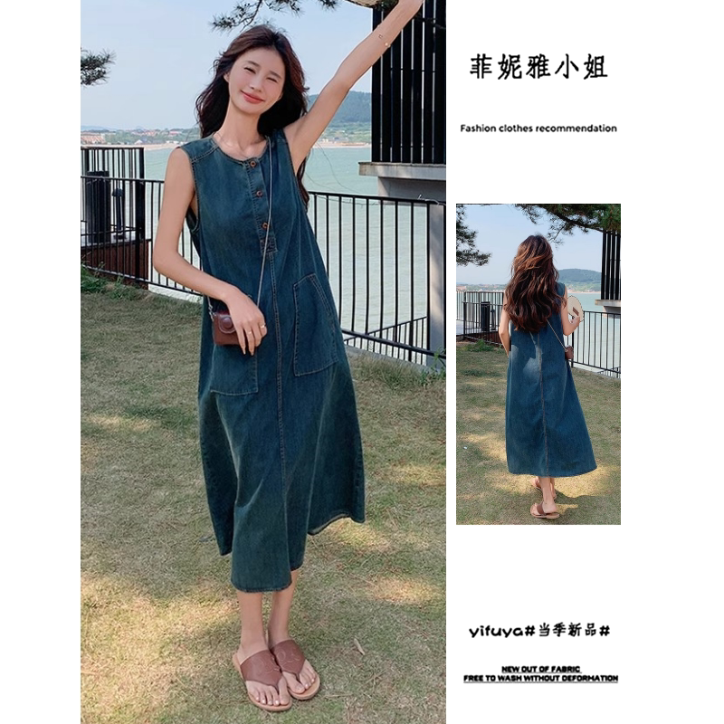 复古气质女连衣裙深蓝色夏季新款小个子女时尚简约潮流连体裙女好