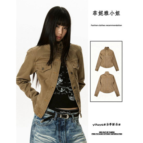 修身短款斜门襟设计感工装夹克