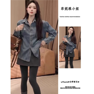 港风复古兔子刺绣牛仔衬衣女秋冬新款韩系设计感叠穿加绒加厚衬衫