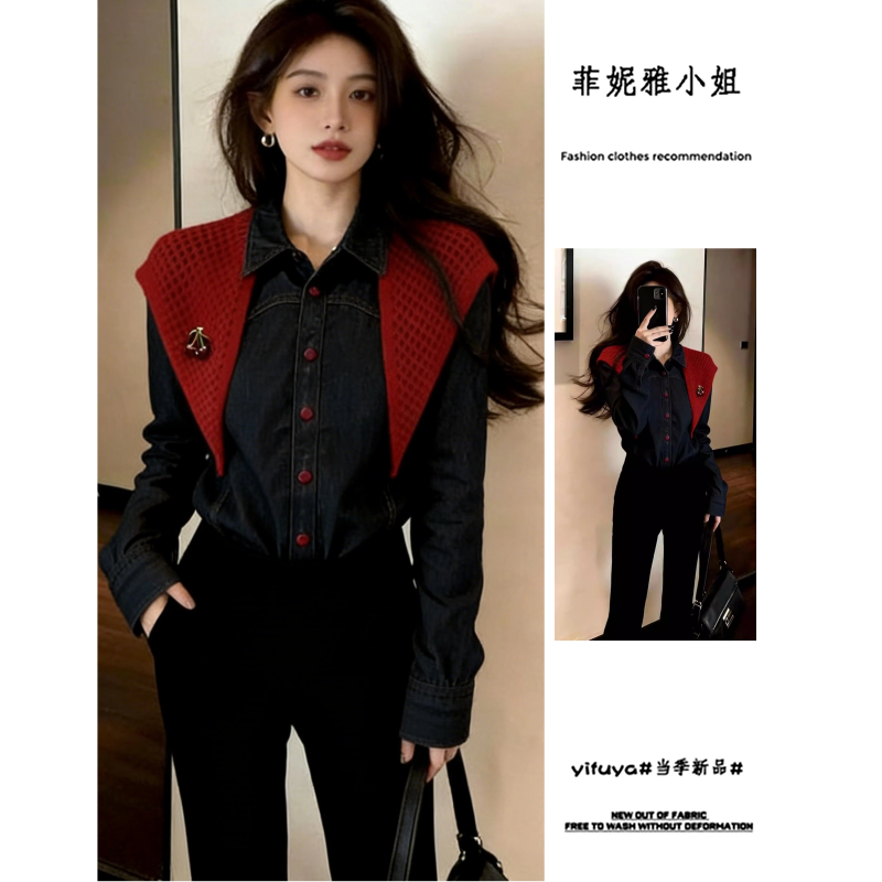 复古牛仔衬衫樱桃披肩两件套衬衫女2026春新款设计感宽松叠穿外套,女装/女士精品,衬衫,淘宝优惠券,粉丝福利购,淘宝优惠卷