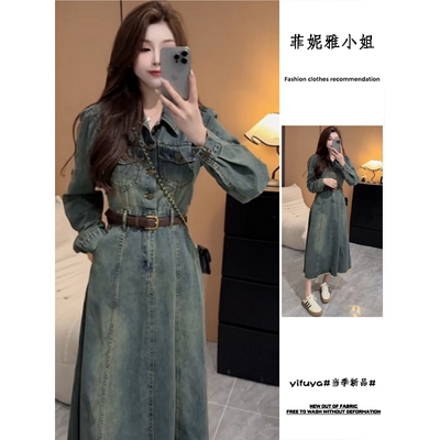 港风复古牛仔连衣裙女春秋季新款