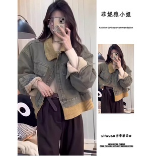 2025秋冬季新款牛仔外套棉服棉衣加绒加厚撞色翻领假两件上衣女