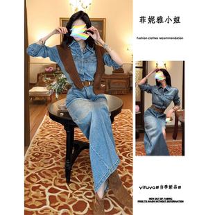 水洗蓝前开叉长袖牛仔连衣裙女2025新款春秋修身显瘦中长款包臀裙