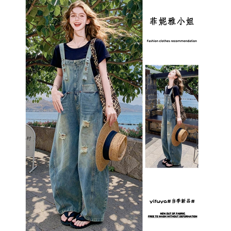 巨好看牛仔背带裤女夏季薄2026新款减龄工装宽松休闲破洞直筒裤子