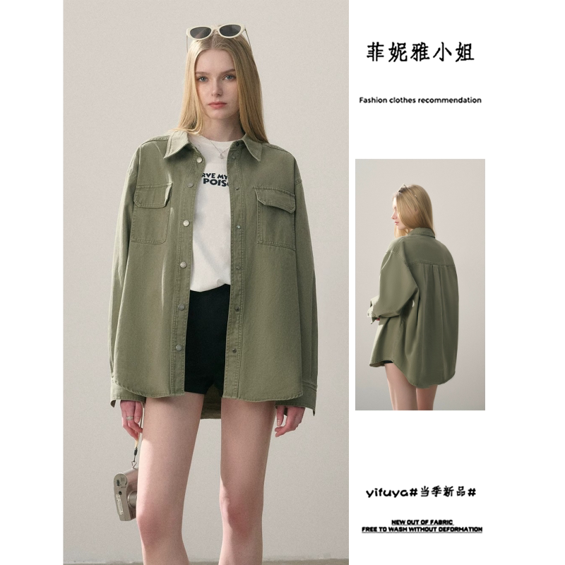 军绿色薄款水洗牛仔夹克外套女图片