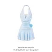 纯欲风挂脖蕾丝拼接荡领连衣裙女夏季 蓝色花朵裙性感内搭a字短裙