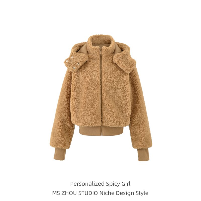 美式休闲慵懒风羊羔毛连帽外套女