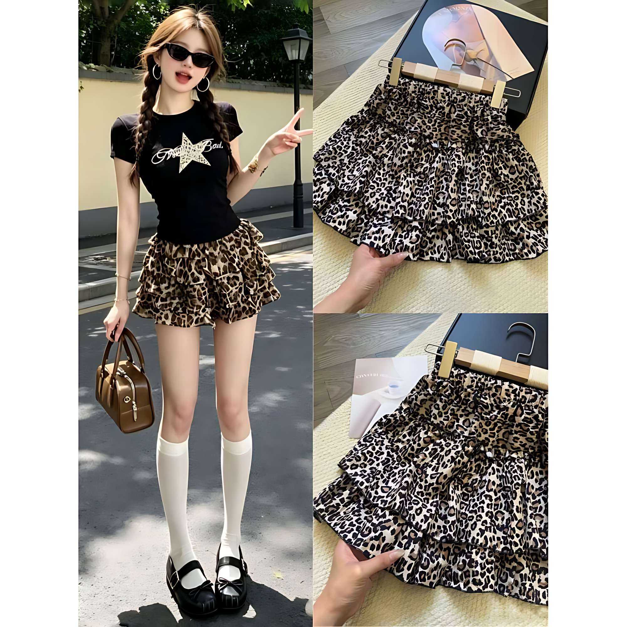 豹纹高腰荷叶边蓬蓬短裙女夏季