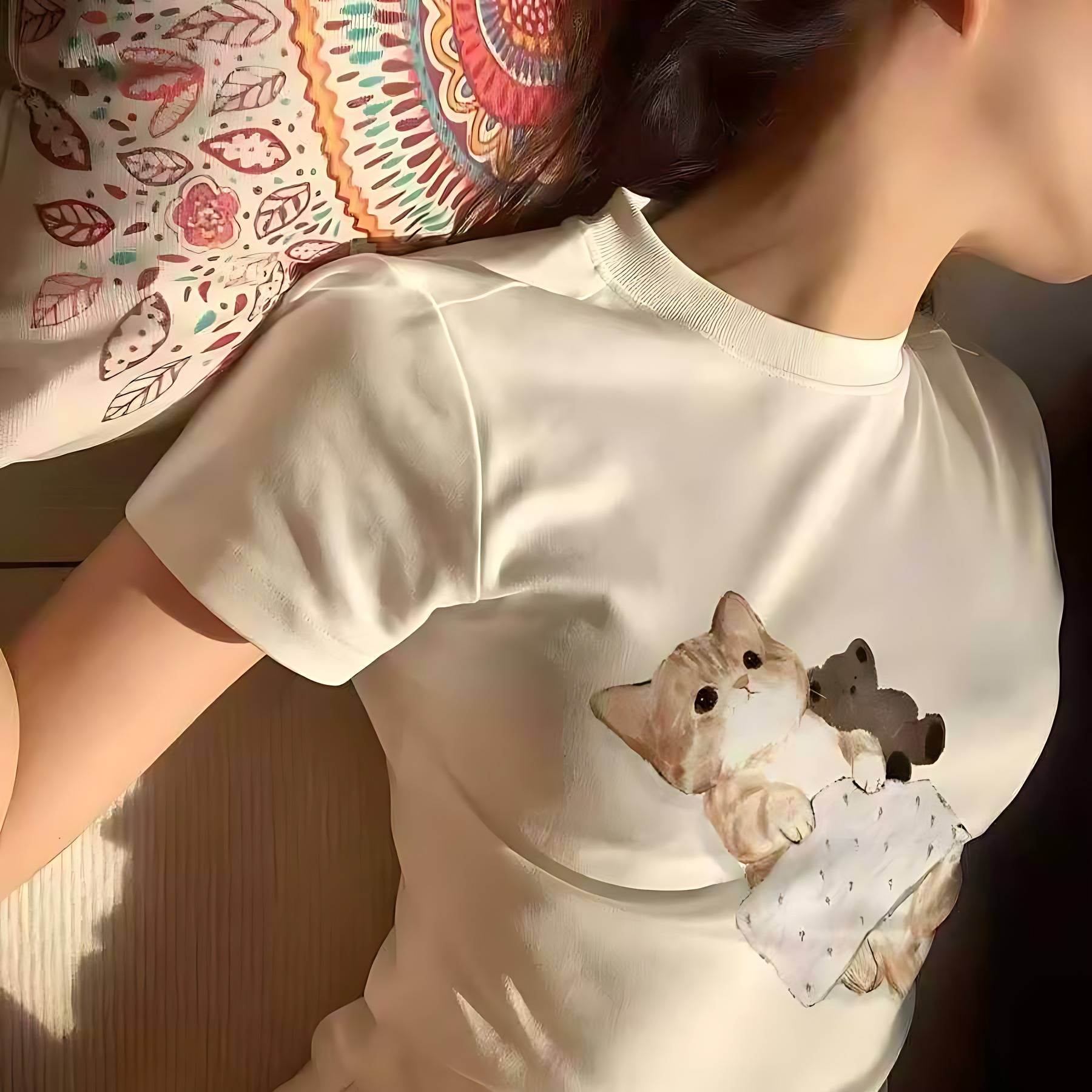 美式手绘小猫正肩短袖T恤女2026