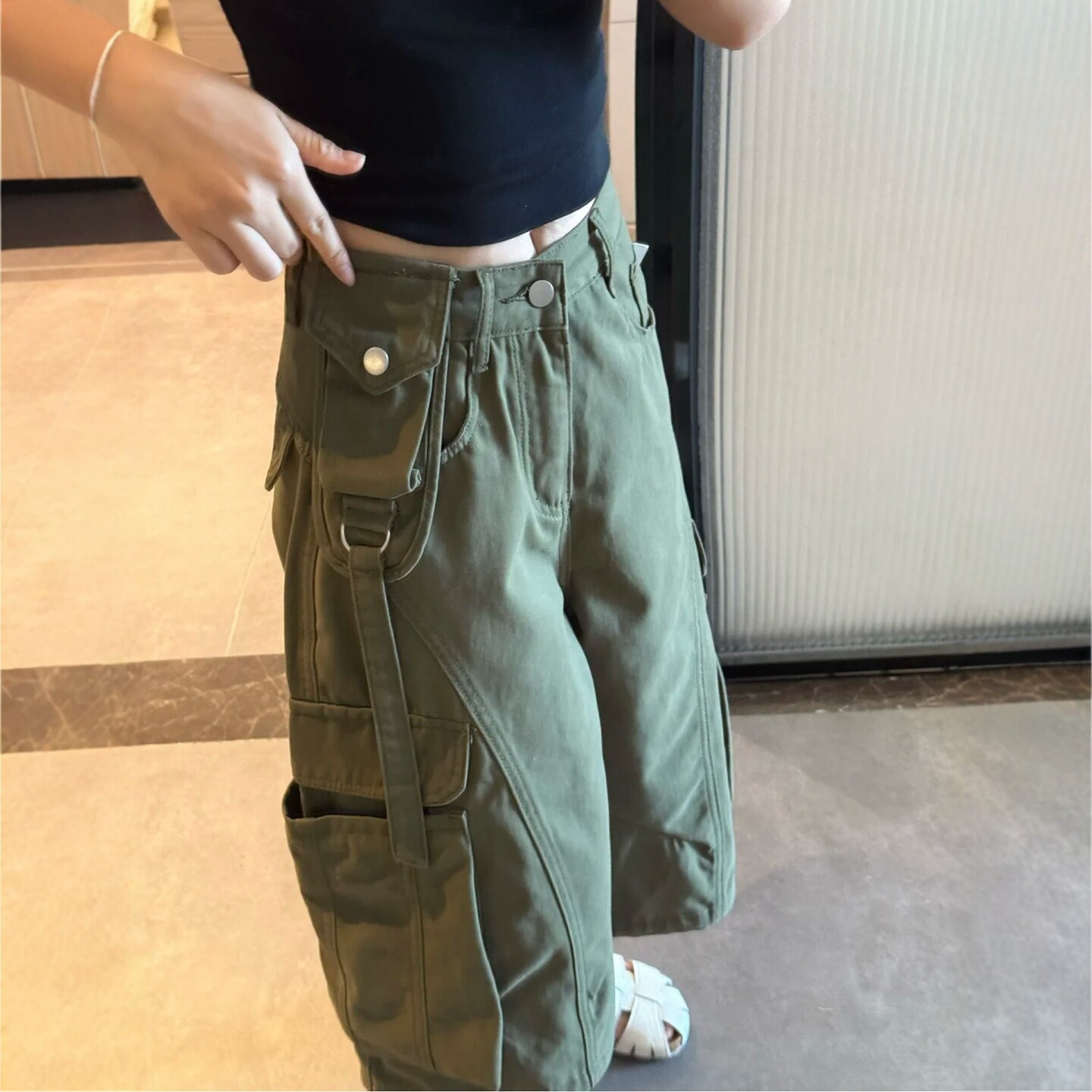 美式军绿阔腿七分裤女夏高腰显瘦