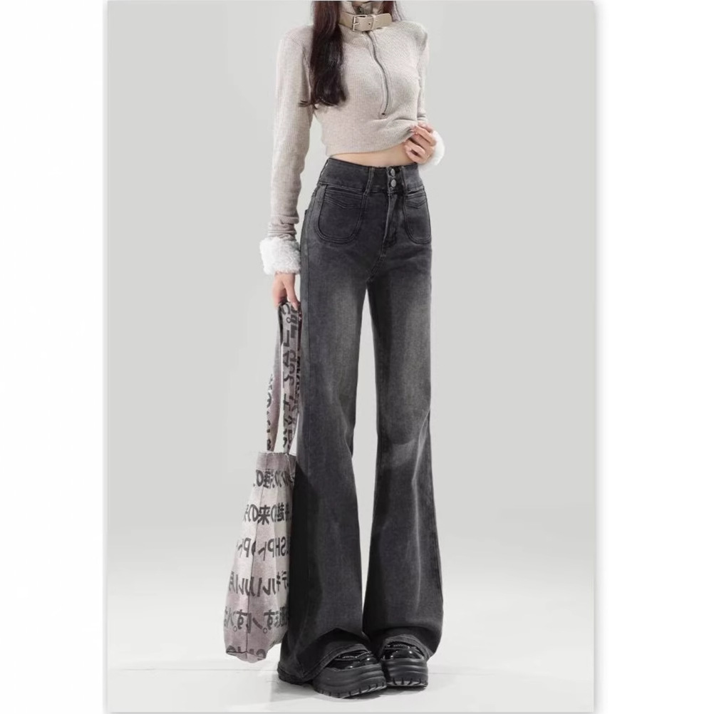 2025年春秋新款高腰微喇叭牛仔裤女美式复古黑灰色修身百搭长裤子