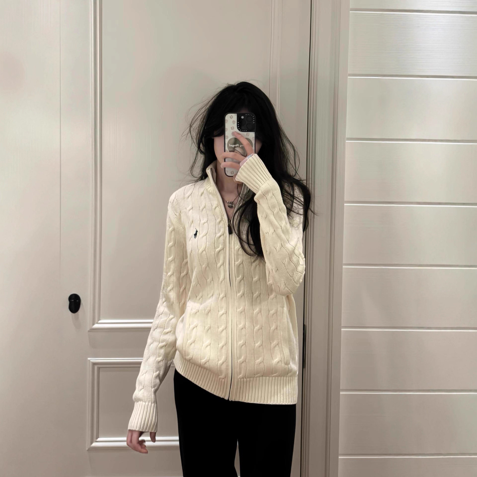 RL拉夫小马标拉链刺绣针织衫女秋冬立领麻花毛衣情侣保暖上衣