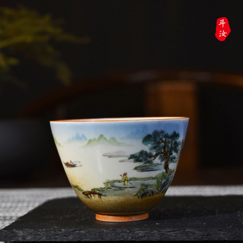 高温颜色釉影青瓷手绘山水主人杯茶杯