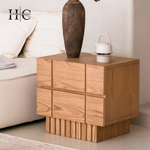 HC实木中古风床头柜家用卧室创意边柜客厅抽屉柜轻奢骨骼线储物柜