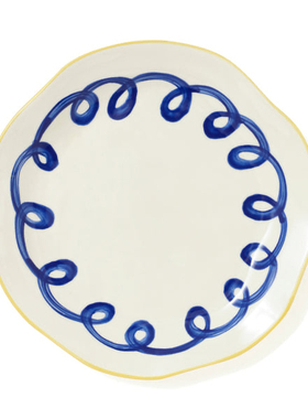FQR LIVING英国GIGI ANDTOM手工制作绘画陶器蓝色圈餐盘 沙拉盘