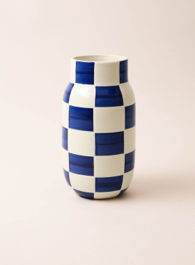 FQR LIVING英国Blau weiss手工制作绘画陶器蓝白角化渐变方块花瓶
