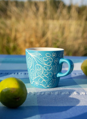 FQR LIVING瑞典GUDRUN SJODEN淡蓝Botanic手工制作雕刻叶子咖啡杯