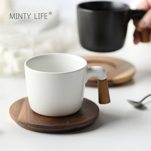 创意木把陶瓷杯子咖啡杯碟下午茶红茶杯带木垫杯子哑光面