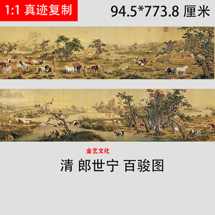 清 郎世宁 百骏图百马图古代名家重彩工笔长卷国画高清微喷装饰画