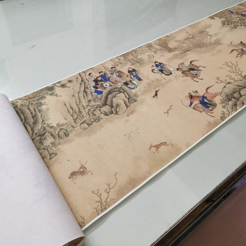 沈英 围猎图 复古书画横幅人物国画真迹微喷仿古画芯装裱挂轴装饰