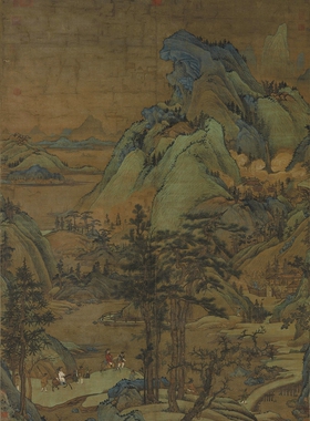 五代董源江堤晚景图国画山水人物古画复制品字画绢布画心装饰画
