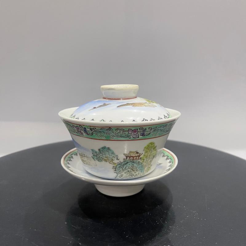 景德镇釉上粉彩567老厂货茶具三才盖碗山水瓷器泡茶器怀旧功夫茶