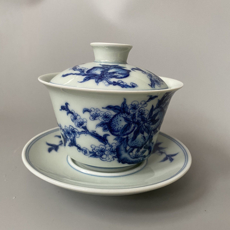 三才盖碗茶具茶碗青花釉下寿桃景德镇精品中式仿古宫廷家用瓷器