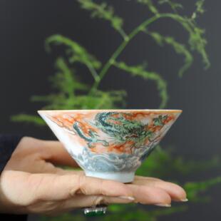 景德镇陶瓷珐琅彩矾红龙纹杯穿云茶具斗笠杯仿古泥大容量茶杯主人