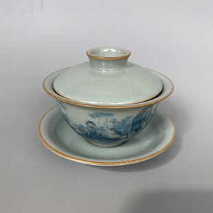 茶具三才盖碗精美仿古宋代汝窑青花釉下彩加彩竹林七贤瓷器功夫茶