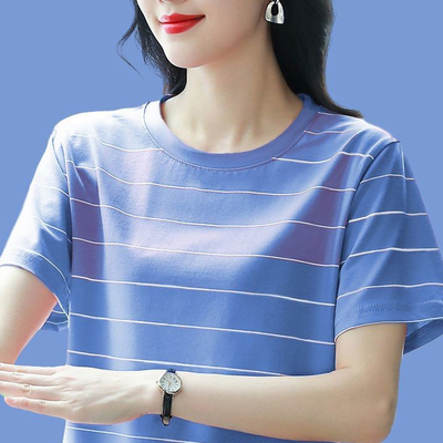 纯棉条纹夏季短袖T恤女宽松大码新款半袖遮肚中年妈妈上衣服薄款