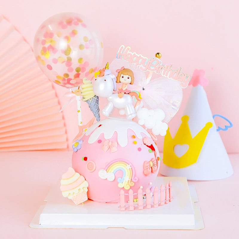 烘焙蛋糕装饰摆件大头独角兽女孩生日卡通可爱彩虹插卡装扮插件