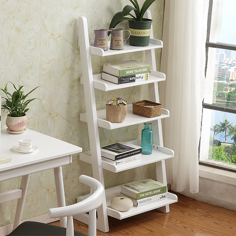 速发家用实木书架架物置 落地简易靠墙创架 客厅梯形书意五层架子